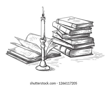 handmade sketch death concept old books near candle vector illustration