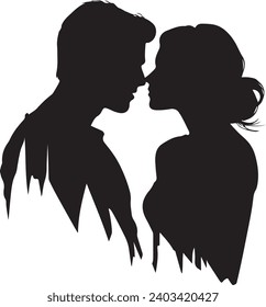 Handmade sketch Man and a woman with long hair stand and kiss. Silhouette