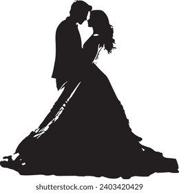 Handmade sketch Man and a woman with long hair stand and kiss. Silhouette