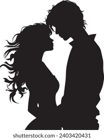 Handmade sketch Man and a woman with long hair stand and kiss. Silhouette