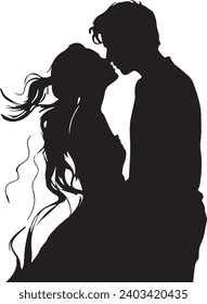 Handmade sketch Man and a woman with long hair stand and kiss. Silhouette