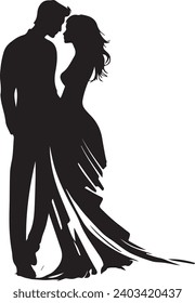 Handmade sketch Man and a woman with long hair stand and kiss. Silhouette