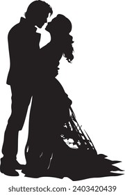 Handmade sketch Man and a woman with long hair stand and kiss. Silhouette