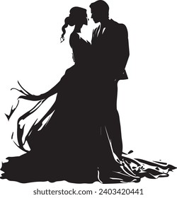 Handmade sketch Man and a woman with long hair stand and kiss. Silhouette