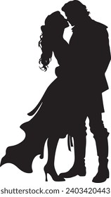 Esbozo hecho a mano Hombre y una mujer con el pelo largo y besos. Silhouette