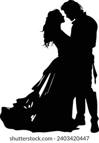 Handmade sketch Man and a woman with long hair stand and kiss. Silhouette