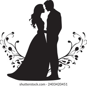 Handmade sketch Man and a woman with long hair stand and kiss. Silhouette