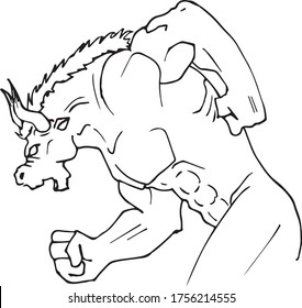 Hand-made sketch of a minotaur run in black and white to be colored