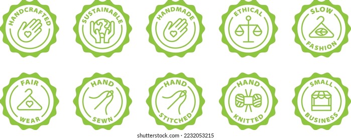 Conjunto de iconos de pequeñas empresas hechos a mano. artesanado, de manera lenta, con un sello verde justo. Símbolo, icono de contorno, etiqueta, placa, etiqueta, círculo, redondo de vector blanco verde aislado sobre fondo transparente. Conjunto de iconos.