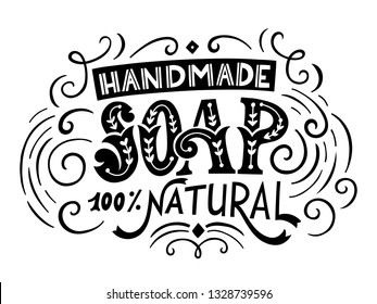 Handmade soap bar label with handdrawn lettering. Can be used for homemade cosmetics. Vector illustration