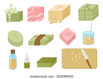 Handmade soap, base, oil, flavor, packaged pieces, twine, tools, bubbles, for making. Natural cosmetics. Vector illustration for soap making, social networks, website, packaging design