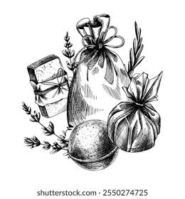 Sabonete artesanal e bombas de banho, um saco de lona com rampas de lavanda. Ilustração gráfica mão de arte de linha desenhada em preto e branco cores monocromáticas. Disposição, composição, sublimação