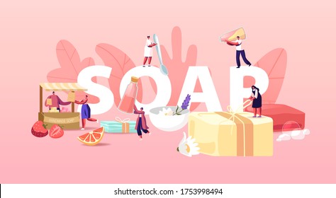 Handmade Soap Concept. Tiny Male and Female Characters Making Craft Lather of Natural Organic Ingredients, Herbs and Oils for Sale on Market Poster Banner Flyer. Cartoon People Vector Illustration