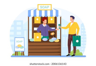 Handmade Soap concept. A woman stands behind the counter and sells a man a piece of soap of her own production. A small business. Cartoon is a flat vector illustration isolated on a white background