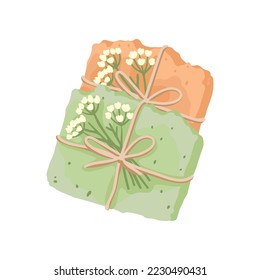 Handmade soap decorated with flowers vector illustration. Bathing or beauty accessory isolated on white background. Aromatherapy, relaxation, spa, cosmetics concept.