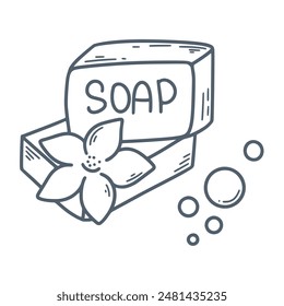 Handmade soap with flower doodle sketch style. Soap bars hand drawn ink clip art. Eco products for washing, vector graphics