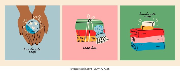 Handmade Soap. Hands holding soap, stack of soap bars, towels. Spa natural treatments, diy cosmetics, bathing, eco, relax concept. Set of three Hand drawn Vector illustrations. Logo, icon templates