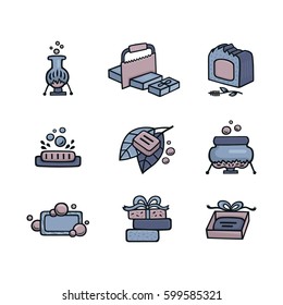 Handmade soap icons. Set of hand drawn objects and tools for soap making and packaging. Perfect logo template in vector
