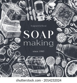 Hand-made Soap ingredients design. Hand-sketched aromatic materials frame for cosmetics, perfumery, soap. Great for branding, packaging, identity, web banners. Vintage bars of soap on chalkboard