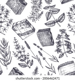 Hand-made soap ingredients seamless pattern. Hand-sketched aromatic and medicinal herbs background. Perfect for cosmetics, perfumery, soap, candle making, label, packaging. Soap making  backdrop.