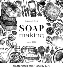 Hand-made Soap ingredients square design. Hand-sketched aromatic materials frame for cosmetics, perfumery. Great for branding, packaging, identity, web banners. Vintage bars of soap background. 