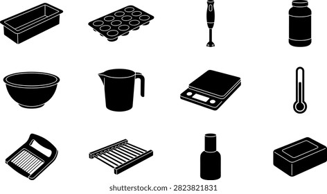 Handmade soap making equipment icon set featuring loaf mold, silicone cavity mold, immersion blender, lye container, mixing bowl, measuring pitcher, digital scale, thermometer, soap cutter, drying rack, essential oil bottle, and finished soap bar.