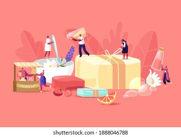 Handmade Soap Producing Concept. Tiny Male and Female Characters Making Craft Lather of Natural Organic Ingredients, Fruits, Herbs and Oils for Sale on Craft Market. Cartoon People Vector Illustration