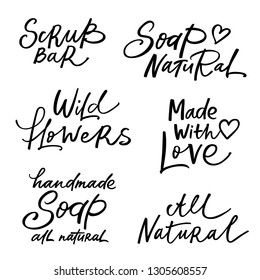 Handmade soap and scrub bar labels with handdrawn lettering. Can be used for hommade cosmetics. Vector illustration