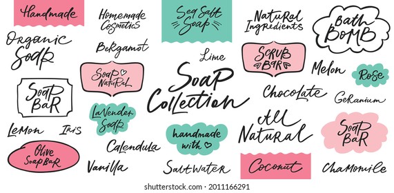 Handmade soap and scrub bar labels set with handdrawn lettering. Can be used for hommade cosmetics. Vector illustration