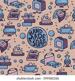 Handmade soap seamless pattern. Hand drawn illustration of objects and tools for soap making. Perfect decoration for wrapping and packaging of natural cosmetics
