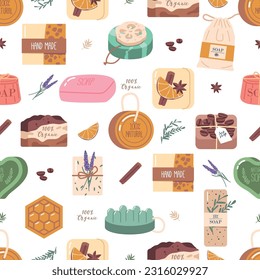 Handmade Soap Seamless Pattern, Repeating Design Featuring Beautifully Crafted Artisanal Soaps, Cartoon Illustration