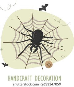 Handmade Spider Web Halloween Decoration Craft.  handcrafted Halloween decoration featuring spooky autumn design elements and artisanal details. Green halloween concept. Vector illustration