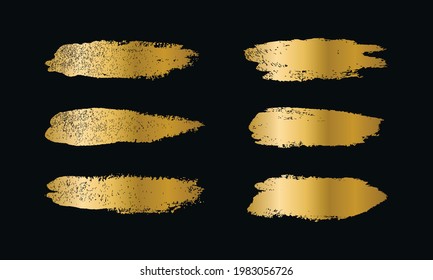 Handmade stain golden brush stroke set. Golden brush sale banner with a black background. Golden paint Brush ink stroke