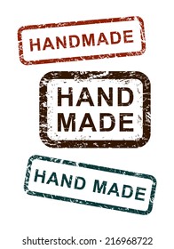 Handmade stamp, icons set, red, brown and blue isolated on white background, vector illustration.