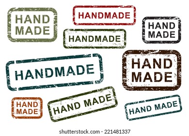 Handmade stamp, icons set, red, brown and blue isolated on white background, vector illustration.