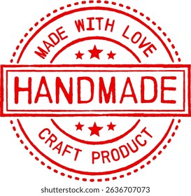 Handmade stamp. Red rubber stamp with text handmade, made with love and craft product. Isolated vector illustration.