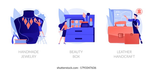 Handmade startup abstract concept vector illustration set. Handmade jewelry, beauty box, leather handcraft, online designer shop, artisan goods, subscription, beauty products abstract metaphor.