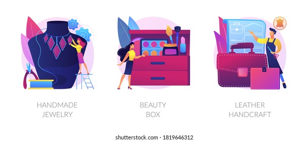 Handmade Startup Abstract Concept Vector Illustration Set. Handmade Jewelry, Beauty Box, Leather Handcraft, Online Designer Shop, Artisan Goods, Subscription, Beauty Products Abstract Metaphor.