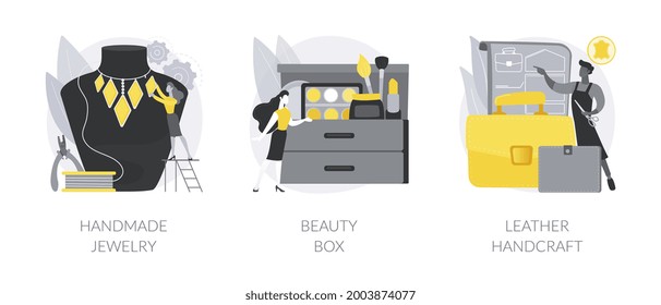 Handmade startup abstract concept vector illustration set. Handmade jewelry, beauty box, leather handcraft, online designer shop, artisan goods, subscription, beauty products abstract metaphor.