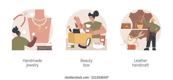 Handmade Startup Abstract Concept Vector Illustration Set. Handmade Jewelry, Beauty Box, Leather Handcraft, Online Designer Shop, Artisan Goods, Subscription, Beauty Products Abstract Metaphor.