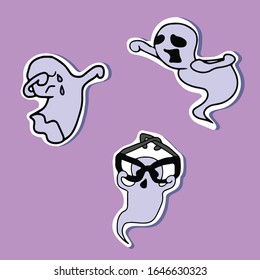 Handmade, sticker set three ghosts: one is crying, the second is waving, the third is wearing glasses.Vector design, for a holiday