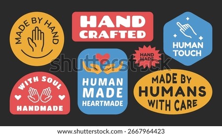 Handmade stickers, badges, labels collection. Handcrafted human emblem design.
