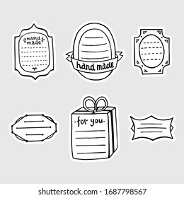 Handmade stickers. Hand drawn template with blank lines for writing ingredients at product label. Vector badges that can be sticked at cosmetic can, handcrafted goods packaging