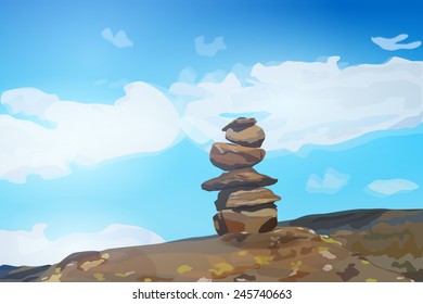 Hand-made stone tower in mountains on sky background. EPS 10 format.