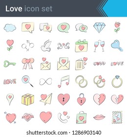 Handmade stroke vector love icons isolated on white background filling with pastel color. Love is in the air - colorful sketchy style heart icons collection. Valentines day, Mothers day, wedding.
