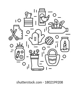 Handmade stuff. Round linear illustration of refusal to throw away old things, conscious use. Contour DIY emblem. Upcycling concept. Black icons set. Isolated vector print on white background