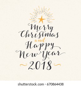 Handmade style greeting card - Merry Christmas and Happy New Year 2018 - Vector EPS10.
