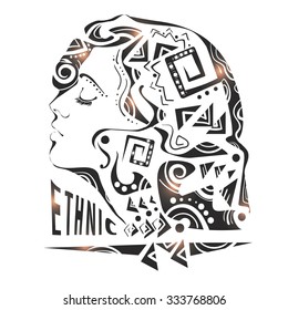Handmade stylized portrait of women in ethnic style on a black background with the inscription. It can be used as a print for shirts