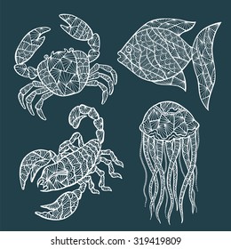 Handmade stylized set of zentangle crab,  fish, jellyfish. Sea collection for your design.