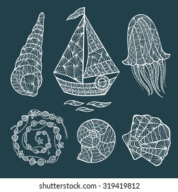 Handmade stylized set of zentangle seashells, boat, jellyfish, decoration. Sea collection for your design.